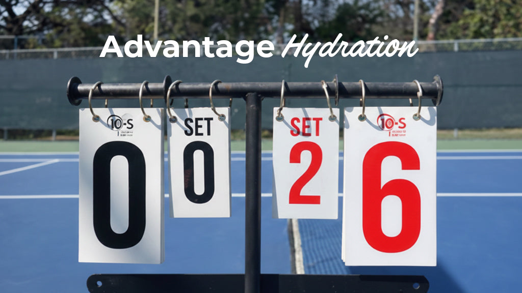 A tennis scoreboard on a blue court showing a score of 0-0 and 2-6 with the text "Advantage Hydration," linking optimal sports performance to proper fluid intake.