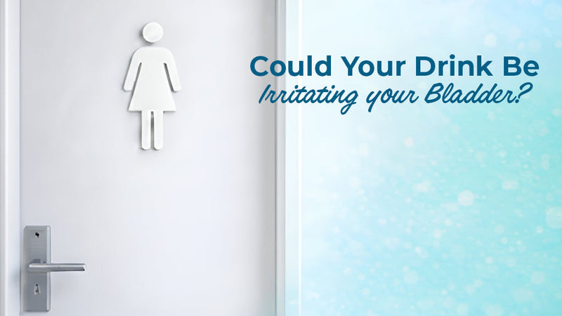 A minimalist shot of a white restroom door with a female silhouette icon and the text "Could Your Drink Be Irritating your Bladder?"