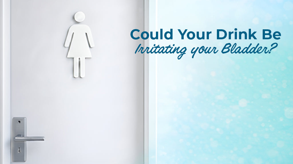 A minimalist shot of a white restroom door with a female silhouette icon and the text "Could Your Drink Be Irritating your Bladder?"