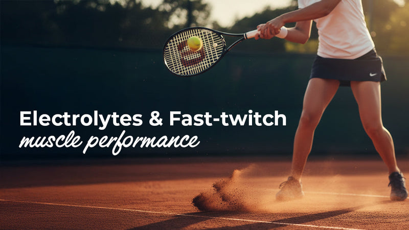 An action shot of a tennis player hitting a ball on a clay court at sunset, with dust kicking up from their feet. Overlay text reads, "Electrolytes & Fast-twitch muscle performance."