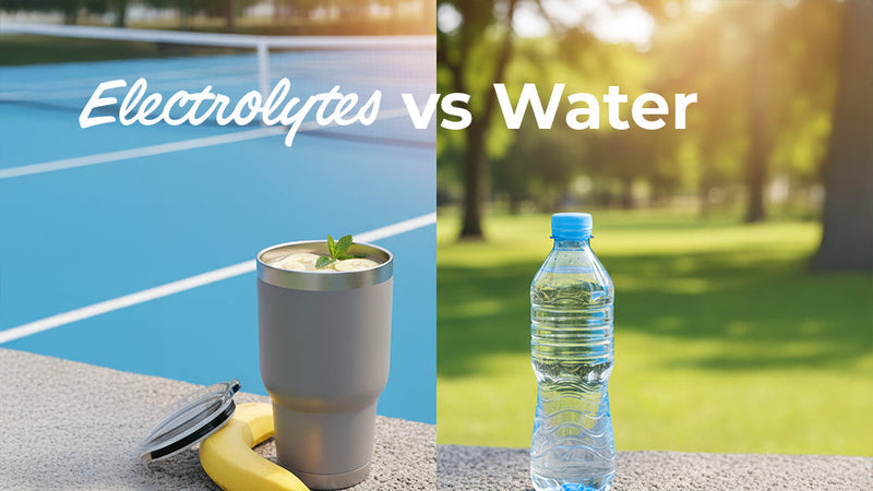 Side-by-side comparison of an electrolyte drink with bananas and a plain bottle of water, labeled "Electrolytes vs Water."
