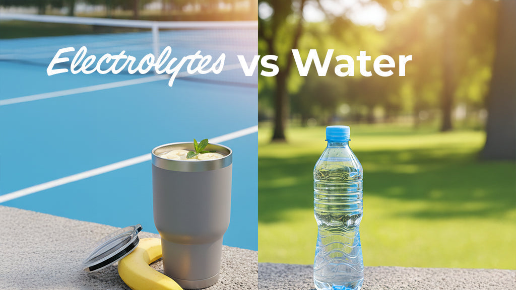Side-by-side comparison of an electrolyte drink with bananas and a plain bottle of water, labeled "Electrolytes vs Water."