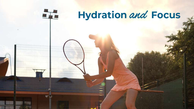 A woman in a pink tennis dress ready for a serve on an outdoor court under bright sunlight, featuring the text "Hydration and Focus" to emphasize optimal sports nutrition.