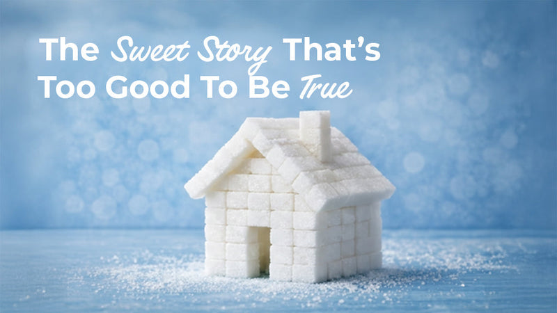 A small house constructed entirely out of white sugar cubes sitting on a blue surface, with the text overlay "The Sweet Story that’s too good to be true," used to introduce the hidden impact of sweeteners on health.