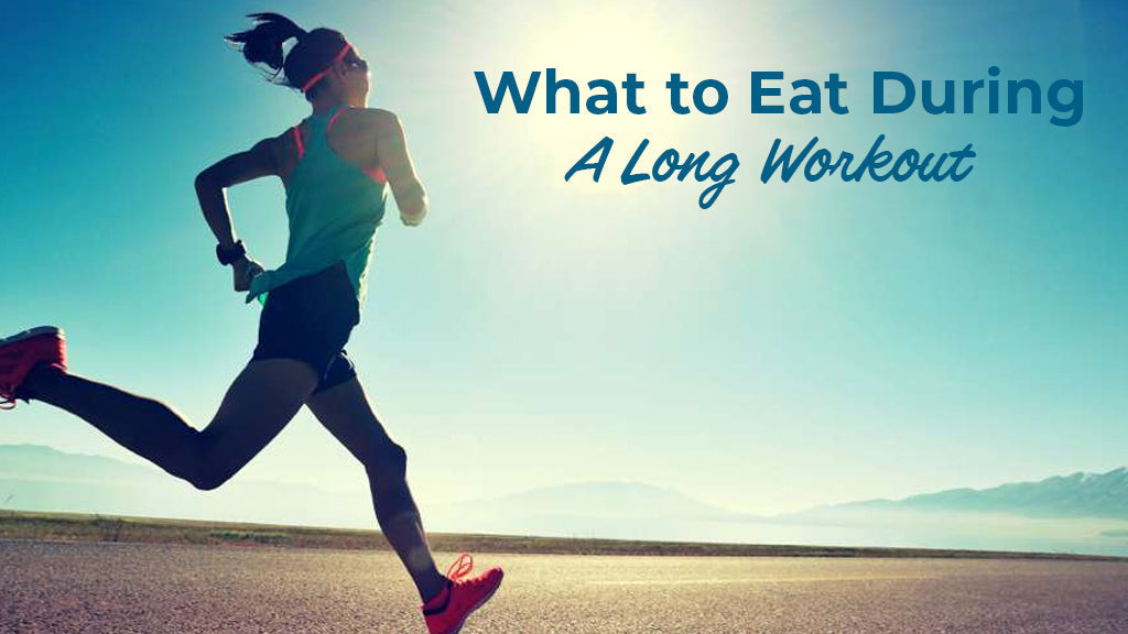 Silhouette of a woman running outdoors at sunrise with text "What to Eat During a long Workout," focusing on endurance fueling.