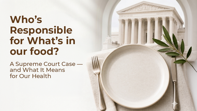 "Who’s Responsible for What’s in our food?" headline over a photo of a dinner plate with the U.S. Supreme Court building in the background.