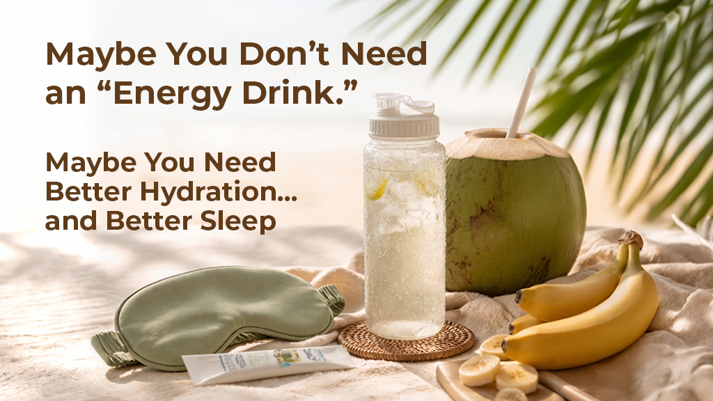 Beach scene with coconut, bananas, lemon water, sleep mask and text about hydration and sleep