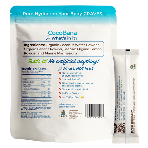 CocoBana™ Clean Electrolyte Drink Mix | Coconut Water, Banana & Lemon | With Sea Salt & Marine Magnesium | No Stevia, No Monk Fruit, No Artificial Ingredients | 12 Stick Packs