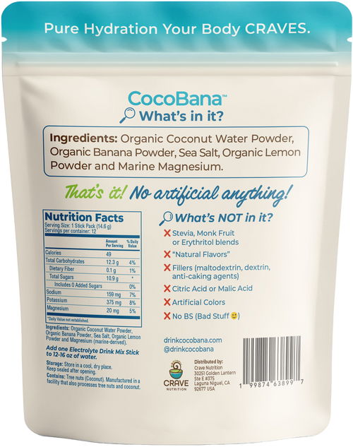 CocoBana™ Clean Electrolyte Drink Mix | Coconut Water, Banana & Lemon | With Sea Salt & Marine Magnesium | No Stevia, No Monk Fruit, No Artificial Ingredients | 12 Stick Packs