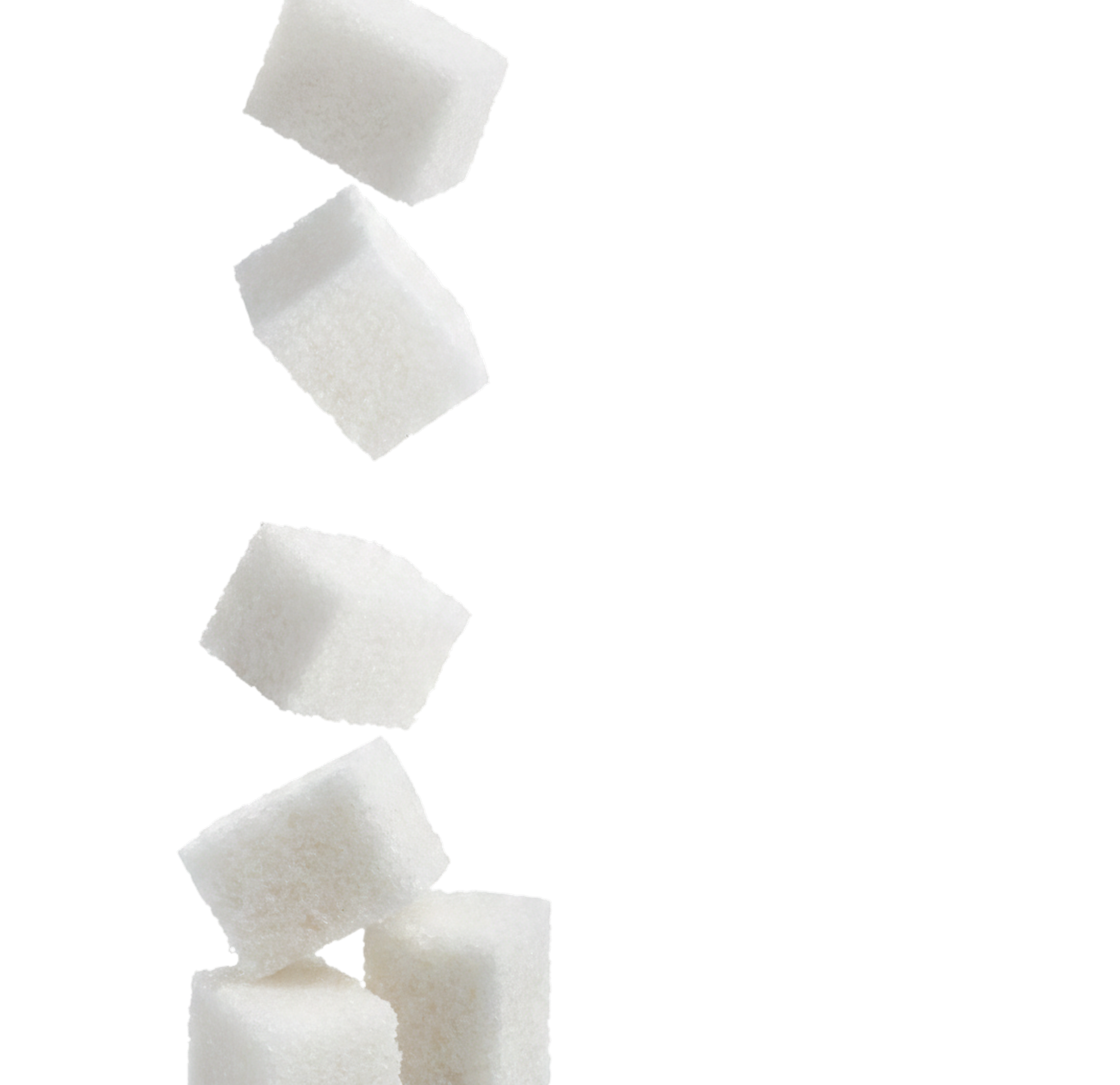 White sugar cubes falling against a white background